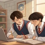 Illustration of two Korean students studying together at home, looking confused but helping each oth...