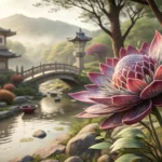 Close-up of a unique, vibrant flower blooming in a tranquil traditional Korean garden, symbolizing a...