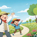 Illustration of two friends in a sunny Korean park, one inviting the other to a community garden plo...