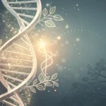 Stylized DNA helix intertwined with an abstract Korean symbol on a futuristic background, representi...
