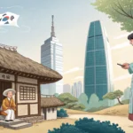 Illustration contrasting an older Korean in traditional setting with a younger Korean in modern Seou...