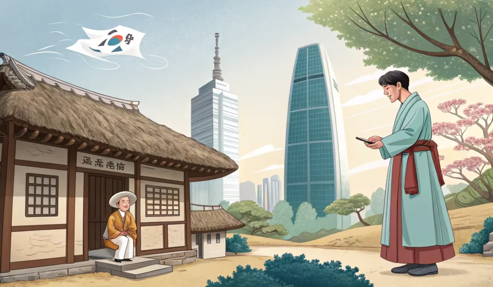 Illustration contrasting an older Korean in traditional setting with a younger Korean in modern Seou...