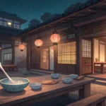 A glowing ladle stirs a steaming pot in a spooky, traditional Korean kitchen, symbolizing a Korean l...