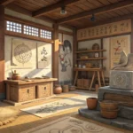A dramatically lit Korean sculpting workshop scene with deep shadows and a subtle ethereal glow, rep...
