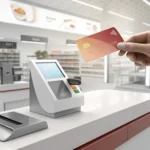 A hand holding a gift card above a point-of-sale terminal at a Korean store checkout, symbolizing a...