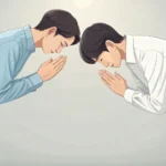 Two people bowing respectfully to each other, illustrating Korean greeting etiquette for a language...