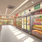 A vibrant aisle inside a modern Korean grocery store, showcasing shelves filled with diverse Korean...