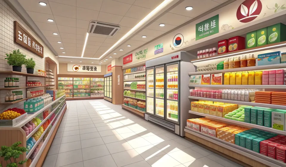 A vibrant aisle inside a modern Korean grocery store, showcasing shelves filled with diverse Korean...