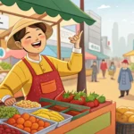 Shoppers interacting with a vendor at a Korean market stall, symbolizing asking for a group discount...
