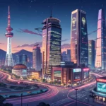 Stylized illustration of the Seoul skyline at night with glowing lights and subtle digital network l...