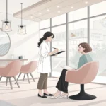 A stylist and client discussing hairstyle options in a modern Korean hair salon, representing a Kore...