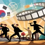 A vibrant illustration symbolizing the Hallyu experience, featuring K-pop silhouettes, K-drama icons...