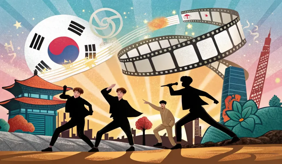 A vibrant illustration symbolizing the Hallyu experience, featuring K-pop silhouettes, K-drama icons...