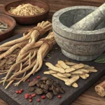 Dried Korean medicinal herbs, including Atractylodes japonica rhizomes (Baekchul), displayed next to...
