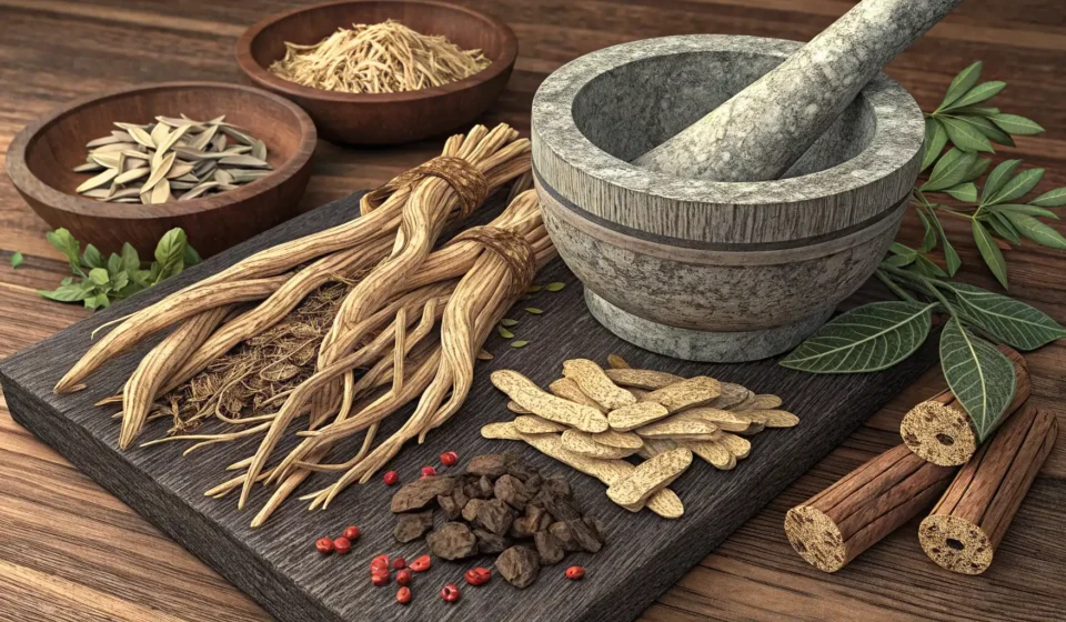 Dried Korean medicinal herbs, including Atractylodes japonica rhizomes (Baekchul), displayed next to...