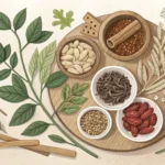 Assortment of traditional Korean medicinal herbs like ginseng in ceramic bowls, representing Hanbang...
