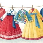 Colorful traditional Korean Hanbok dresses hanging on display racks inside a rental shop, showcasing...