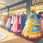 Rows of colorful traditional Korean Hanbok dresses displayed on racks inside a rental shop, ready fo...