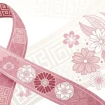 A stylized pink awareness ribbon combined with subtle Korean traditional pattern details on a soft p...