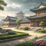 Illustration of a peaceful Korean palace courtyard with traditional architecture, featuring neatly a...