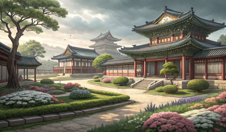 Illustration of a peaceful Korean palace courtyard with traditional architecture, featuring neatly a...