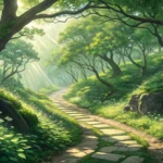A sunlit hidden trail in a Korean forest with wild red raspberries growing beside it, representing l...