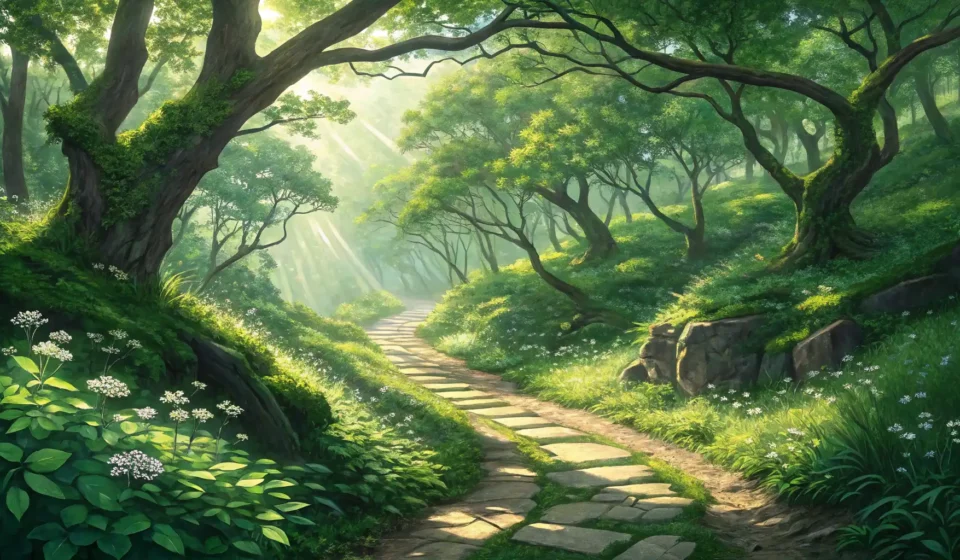 A sunlit hidden trail in a Korean forest with wild red raspberries growing beside it, representing l...