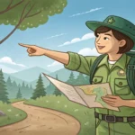 A Korean park ranger helps a hiker by pointing to a trail map, with a beautiful view of a distant vo...