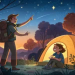 Hiker talking to a camper near a tent at night in a Korean forest, symbolizing learning Korean phras...