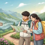 A Korean couple disagrees on which hiking trail to take, standing at a fork in a Korean mountain pat...