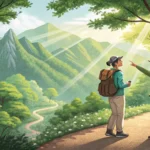 Two hikers interacting politely on a scenic Korean mountain trail, representing asking for help like...