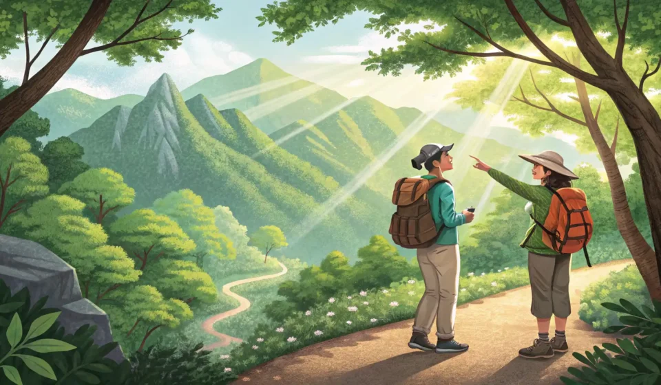 Two hikers interacting politely on a scenic Korean mountain trail, representing asking for help like...