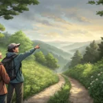 Two hikers converse on a scenic Korean mountain path, one seemingly asking the other for advice abou...