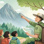 A hiker looking at a map with a Korean park ranger who is pointing towards a scenic mountain ridge v...