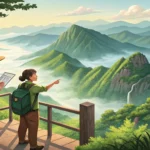 A hiker and a park ranger overlooking a scenic Korean mountain landscape, representing asking for di...
