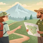 A hiker asking a park ranger about trails on a map in a Korean mountain landscape with a waterfall,...