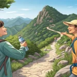 Illustration of two hikers on a Korean mountain trail; one politely gestures with a capless water bo...