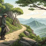 A hiker looks down at their wet foot near a puddle on a Korean mountain trail, illustrating a hiking...