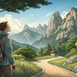 Illustration of a hiker contemplating two paths on a Korean mountain trail, one busy and one quiet,...