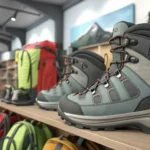 Hiking boots displayed with a sale tag in a Korean store, illustrating asking about discounts for Ko...