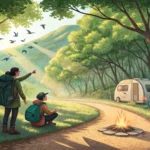 Illustration of a hiker asking a camper for advice on a trail in a lush Korean forest, symbolizing a...