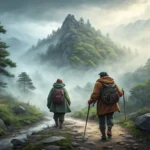 Two hikers meeting on a foggy mountain trail in Korea, symbolizing needing help or directions while...