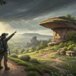 A hiker points towards a natural rock shelter while speaking with a guide on a scenic Korean mountai...