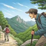 A hiker looking lost approaches another hiker on a trail in the Korean mountains, illustrating the c...