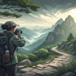 Illustration of a hiker with a camera admiring a scenic Korean mountain trail, representing asking f...