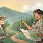 Illustration of a Korean park ranger showing a hiking trail map to a hiker with a picnic basket, set...