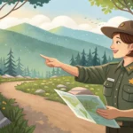 Illustration of a hiker with a picnic basket asking a Korean park ranger for directions on a mountai...