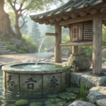 Illustration of a traditional Korean natural spring (yaksu-teo) with clear water, set in a green mou...