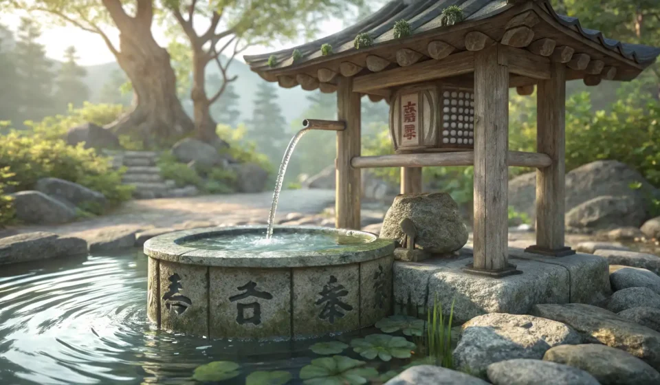 Illustration of a traditional Korean natural spring (yaksu-teo) with clear water, set in a green mou...