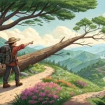 Illustration depicting a hiker encountering a fallen tree blocking a Korean trail and asking a guide...